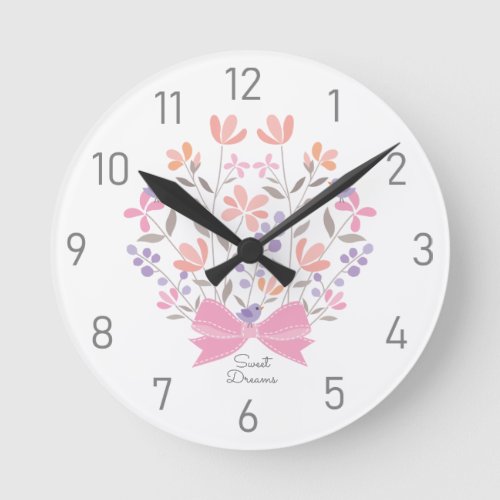 Pink Floral Bouquet Personalized Girls Nursery Round Clock