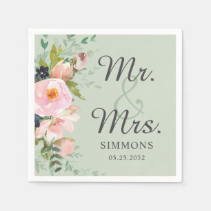 Pink Floral Bouquet Sage Green Mr. & Mrs. Wedding Napkins