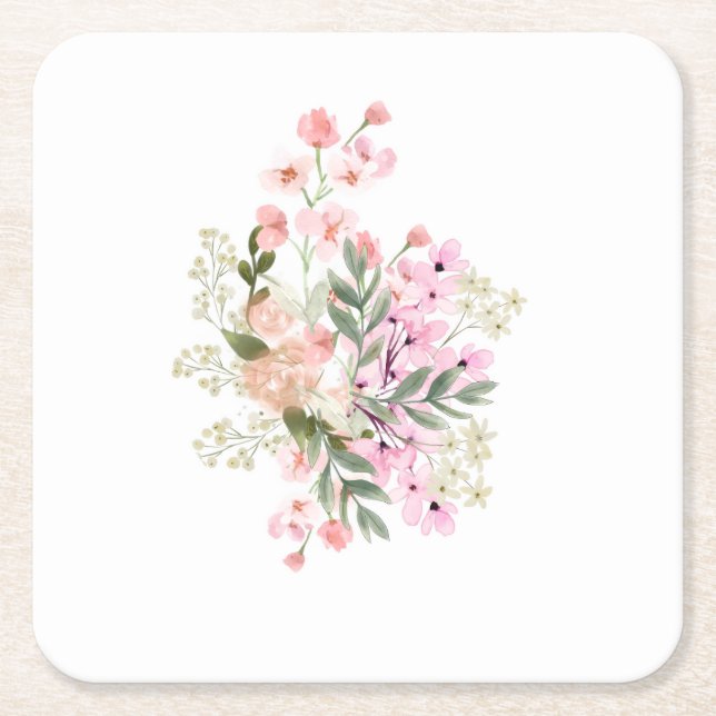 Pink Floral Bouquet Square Paper Coaster (Front)