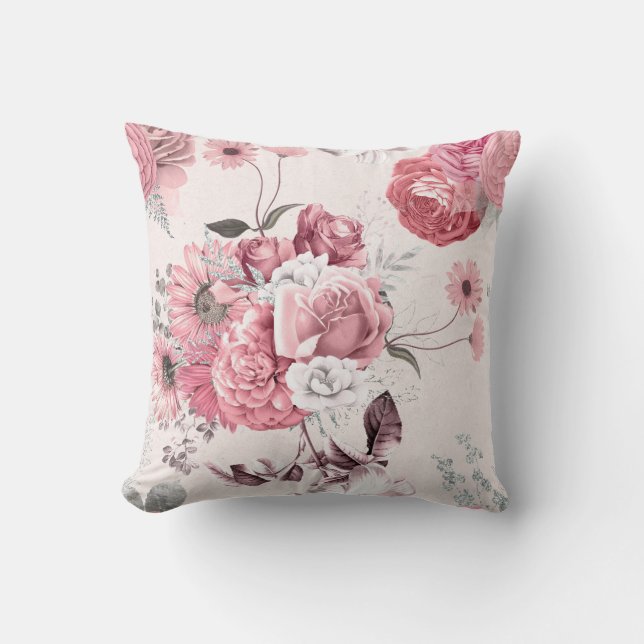 Pink Floral Bouquet Throw Pillow (Front)