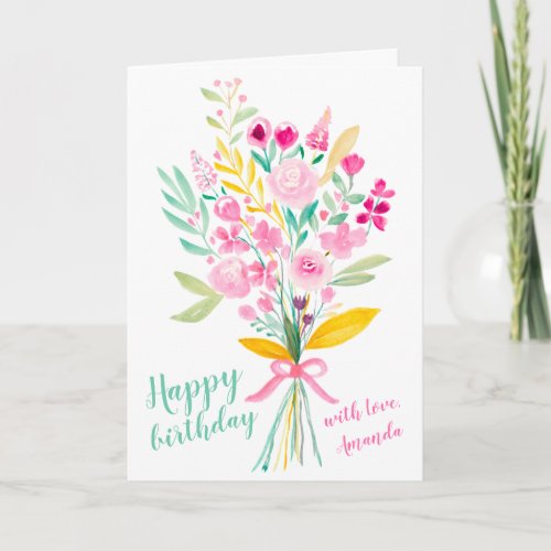 Pink floral bouquet watercolor happy birthday card