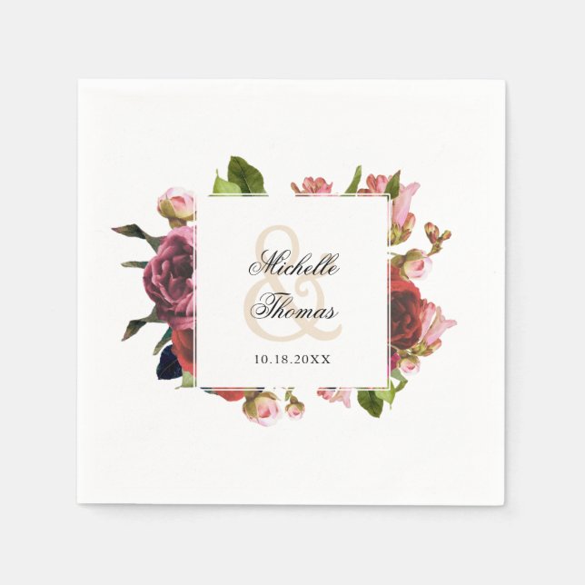 Pink Floral Bouquet Wedding Paper Napkins (Front)