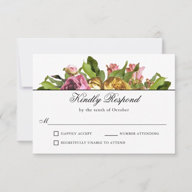 Pink Floral Bouquet Wedding RSVP Card (Front)