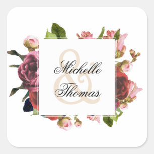 Pink Floral Bouquet Wedding Square Sticker