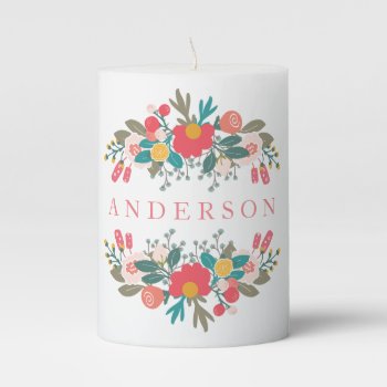 Pink Floral Bouquet With Name Pillar Candle by MaggieMart at Zazzle