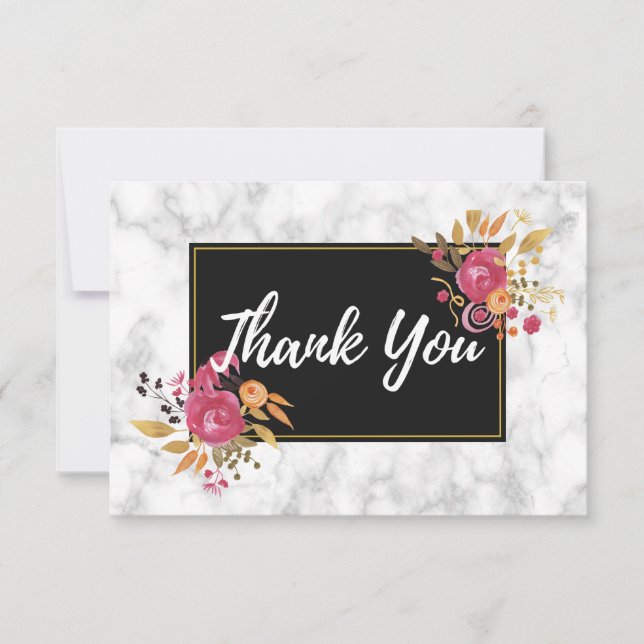 Pink Floral Bouquets on Black Frame Wedding Thanks Invitation (Front)