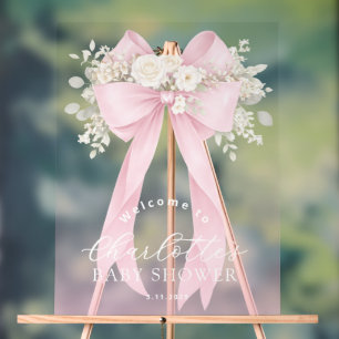 Pink Floral Bow Baby girl Shower Welcome Acrylic Sign