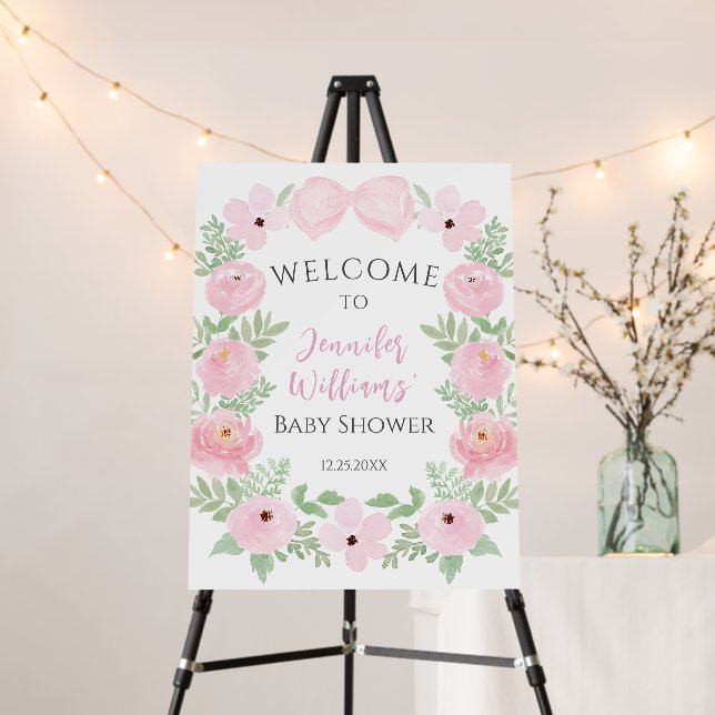 Pink floral bow baby shower welcome sign board (In Situ (Stand))