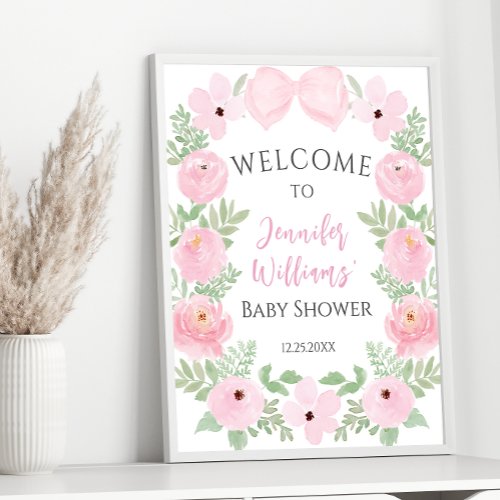 Pink floral bow baby shower welcome sign poster