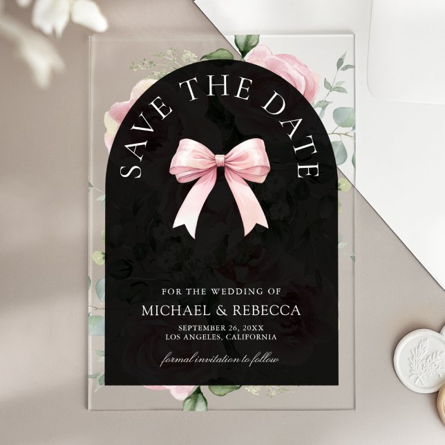 Pink Floral Bow Black Wedding Save the Date (Creator Uploaded)