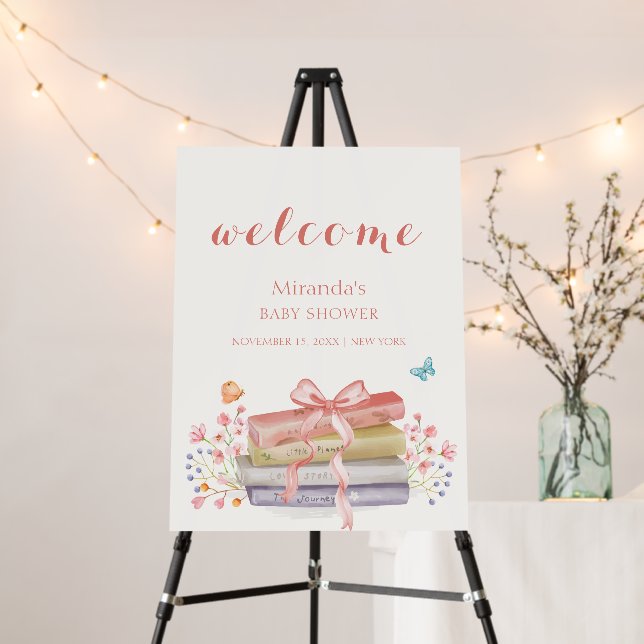 Pink Floral Bow Book Baby Shower Welcome Sign (In Situ (Stand))