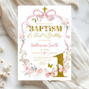 Pink Floral Bow Butterfly Baptism & Birthday Invitation