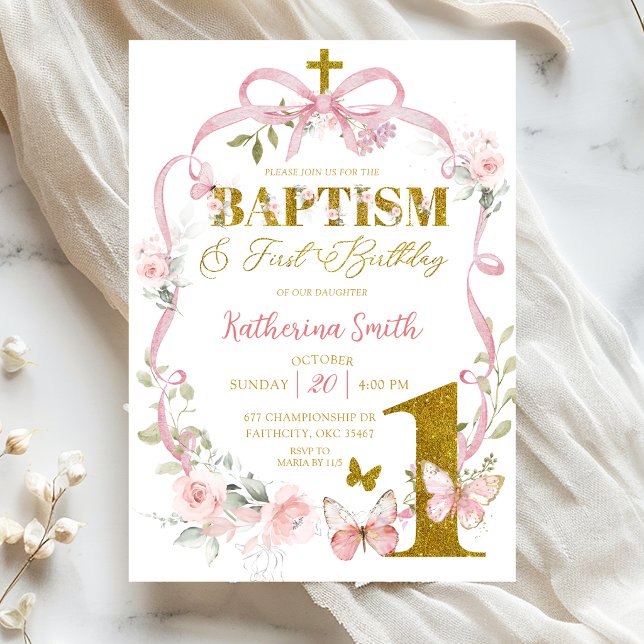 Pink Floral Bow Butterfly Baptism & Birthday Invitation (Creator Uploaded)
