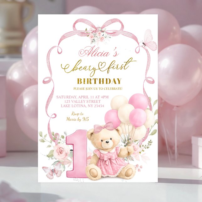 Pink Floral Bow Coquette Beary First Birthday Invitation (Creator Uploaded)