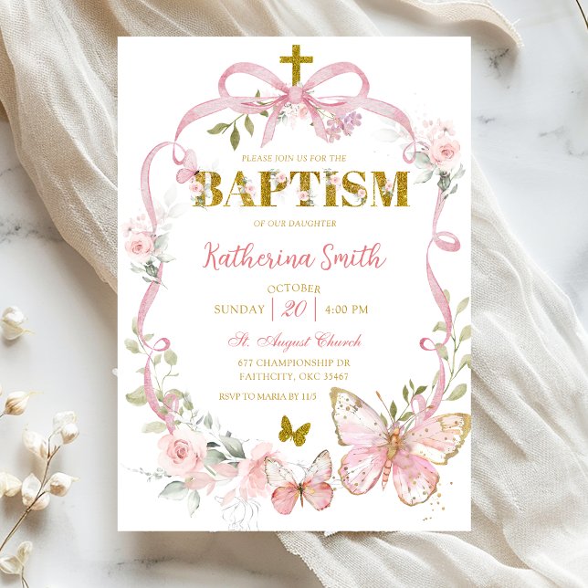 Pink Floral Bow Coquette Butterfly Baptism Invitation (Creator Uploaded)
