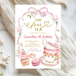 Pink Floral Bow Coquette Time FOUR tea birthday Invitation