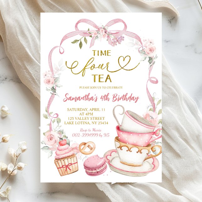 Pink Floral Bow Coquette Time FOUR tea birthday Invitation (Creator Uploaded)