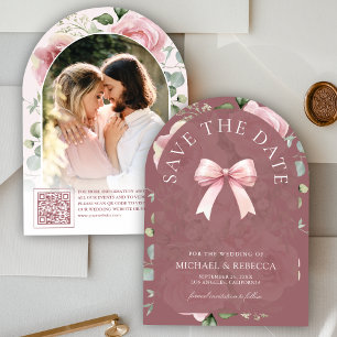 Pink Floral Bow Dusty Rose Photo Wedding Save The Date