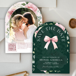 Pink Floral Bow Emerald Green Photo Wedding Save The Date