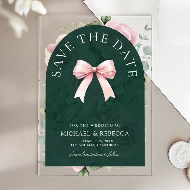 Pink Floral Bow Emerald Wedding Save the Date (Creator Uploaded)