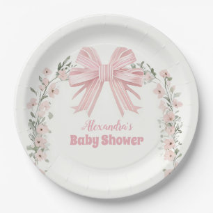 Pink Floral Bow Girl Baby Shower Paper Plates