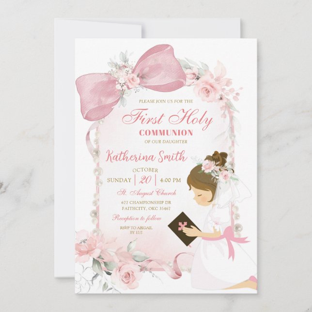 Pink Floral Bow Girl First Holy Communion Invitation (Front)