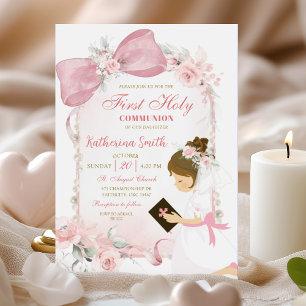 Pink Floral Bow Girl First Holy Communion Invitation