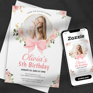 Pink Floral Bow Photo Girl Birthday Invitation