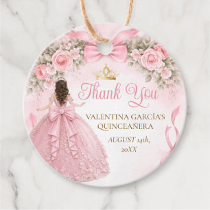 Pink Floral Bow Ribbon Girl Quinceañera Gold Crown Favor Tags