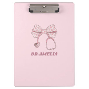 Pink Floral Bow Stethoscope Doctor Name Design Clipboard