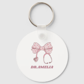 Pink Floral Bow Stethoscope Doctor Name Design Keychain