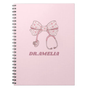 Pink Floral Bow Stethoscope Doctor Name Design Notebook