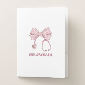 Pink Floral Bow Stethoscope Doctor Name Design Pocket Folder