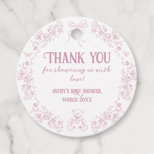 Pink Floral Bow Toile Teddy Bear Baby Shower Favor Tags