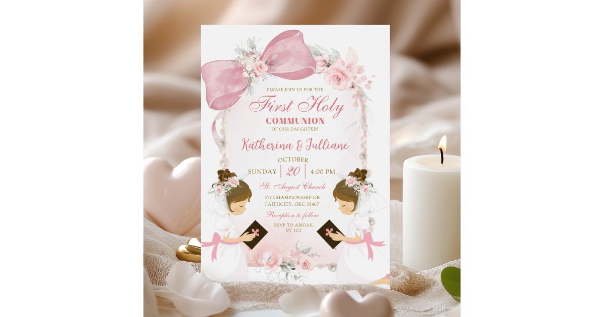 Pink Floral Bow Twins Girl First Holy Communion Invitation | Zazzle