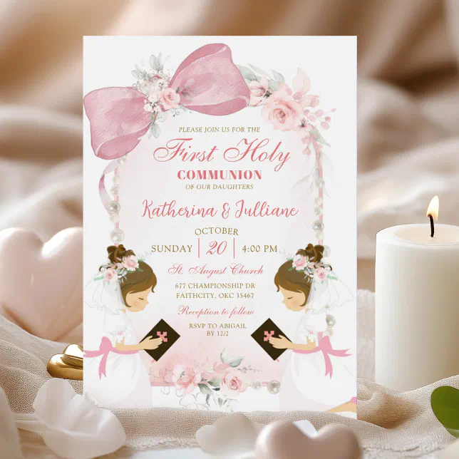 Pink Floral Bow Twins Girl First Holy Communion Invitation | Zazzle