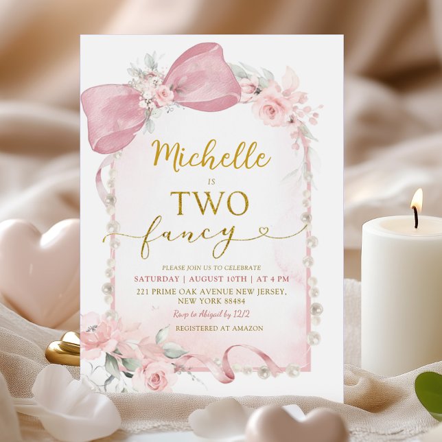 Pink Floral Bow Two Fancy 2nd birthday Shower Invitation (Creator Uploaded)