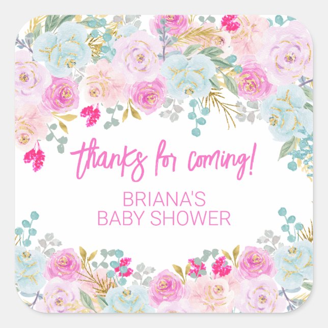 Pink Floral Boy Baby Shower Favors Square Sticker (Front)