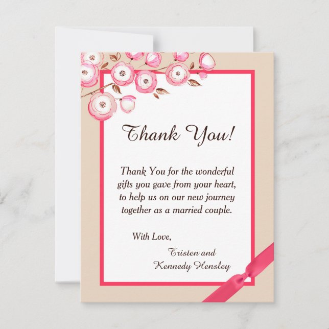 Pink Floral Branch 4x5 Flat Wedding Thank You Card (Front)