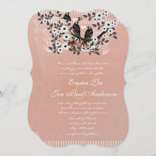 Pink Floral Branch Vintage Love Birds Wedding 2 Invitation