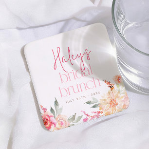 Pink Floral Bridal Brunch Bridal Shower Square Paper Coaster