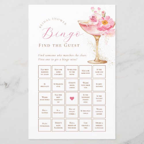 Pink Floral Bridal Shower Bingo Paper Sheet