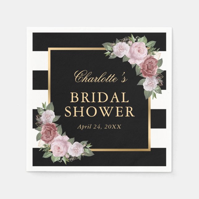 Pink Floral Bridal Shower Black and White Striped Napkins (Front)