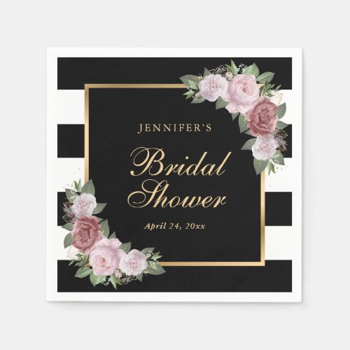 Pink Floral Bridal Shower Black and White Striped Napkins