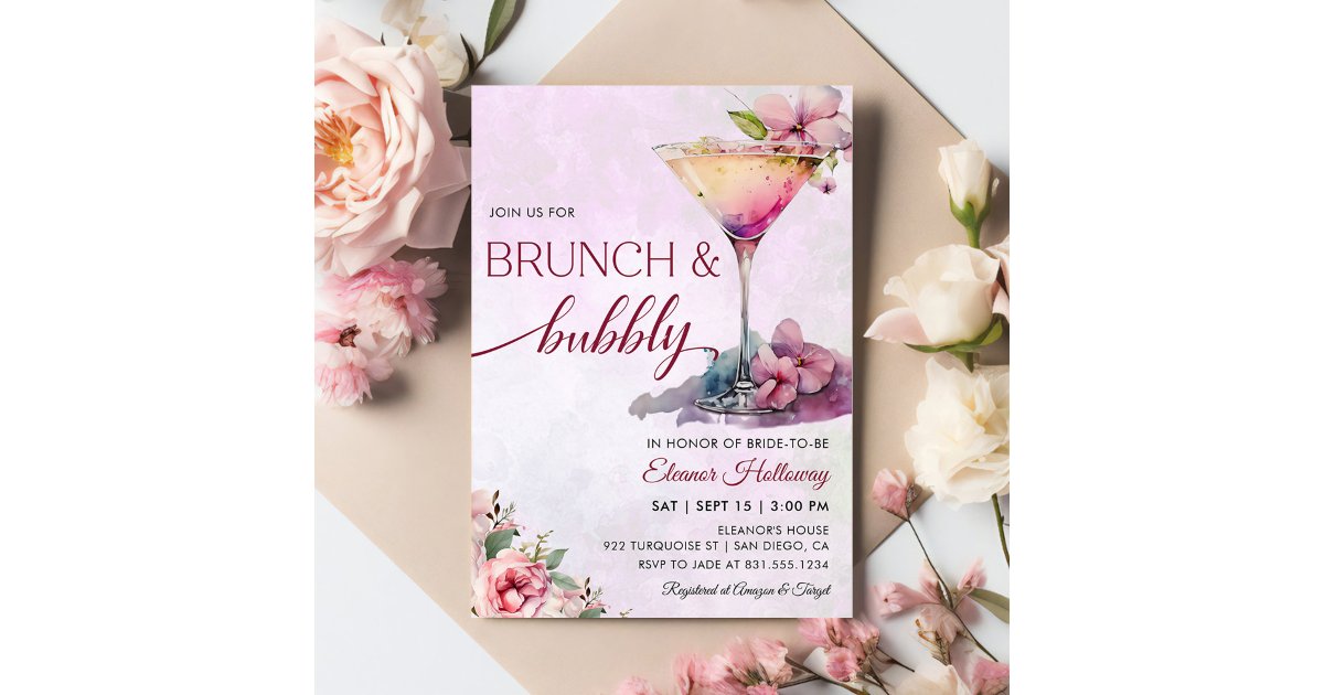 Pink Floral Bridal Shower Brunch and Bubbly Invitation | Zazzle