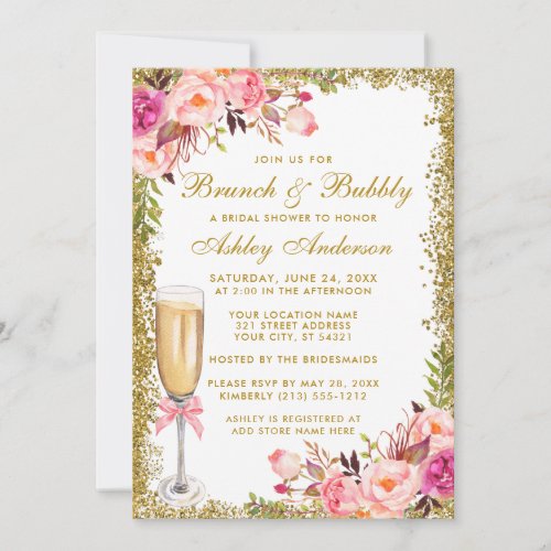 Pink Floral Bridal Shower Brunch Bubbly Glitter Invitation