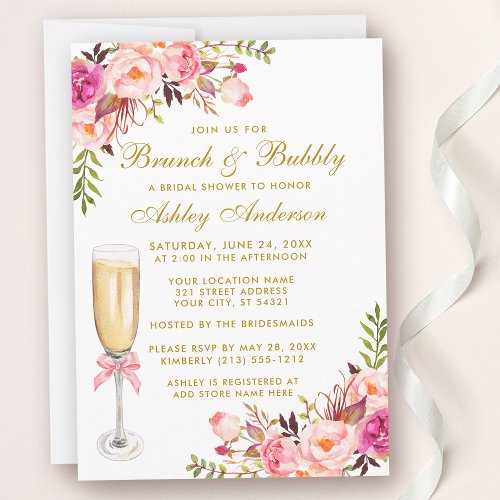 Pink Floral Bridal Shower Brunch Bubbly Gold Invitation