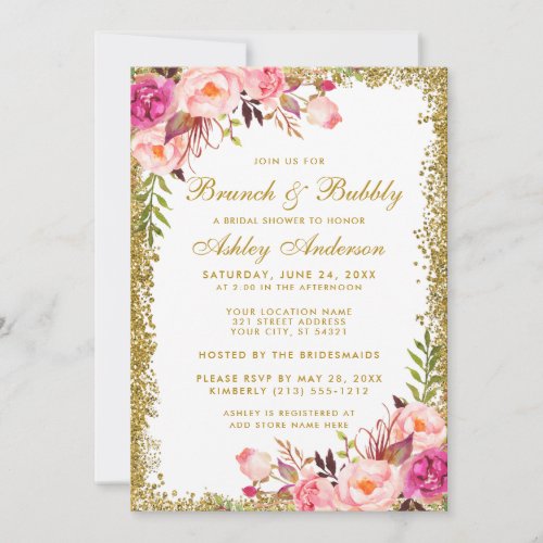 Pink Floral Bridal Shower Brunch Gold Glitter Invitation