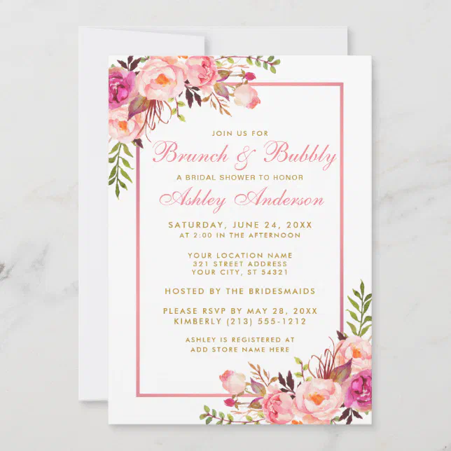 Pink Floral Bridal Shower Brunch Gold Invitation | Zazzle