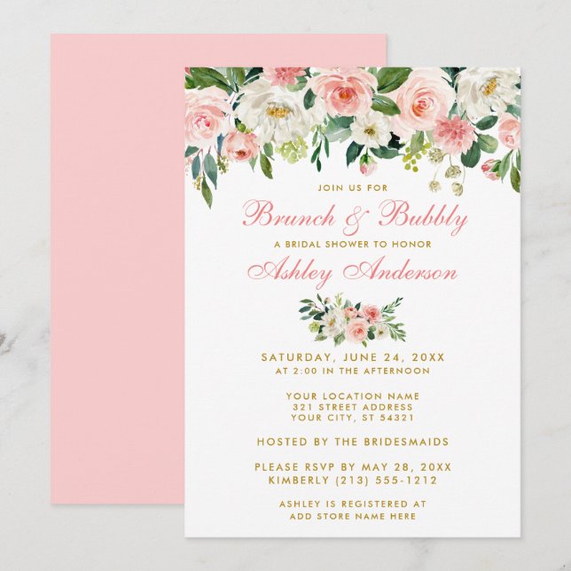 Pink Floral Bridal Shower Brunch Gold Invite GP (Front/Back)